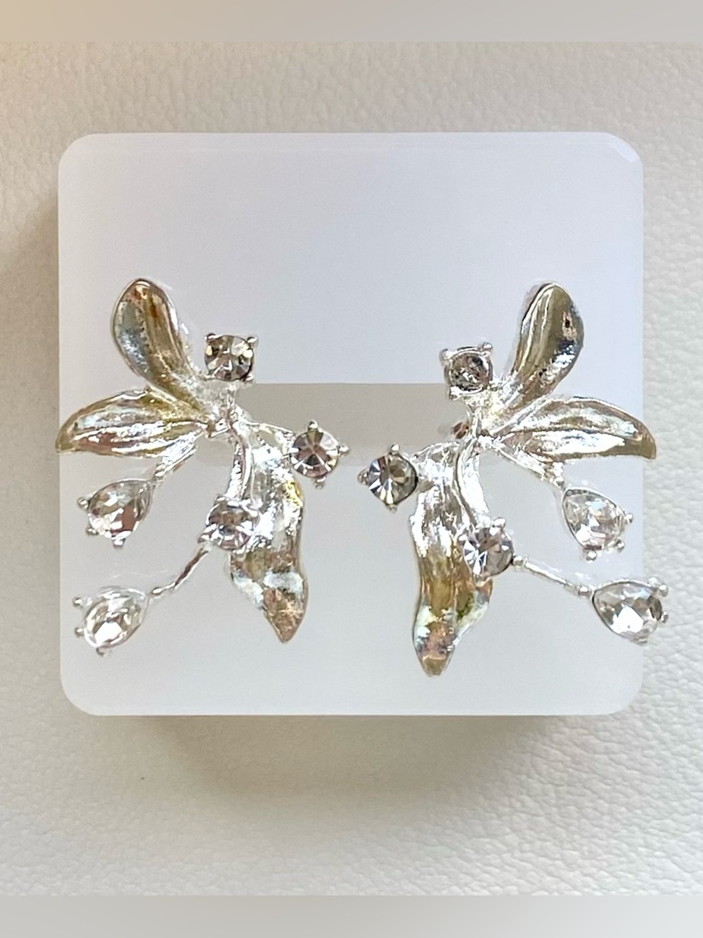 Silver Leaf & Crystal Branch Earrings